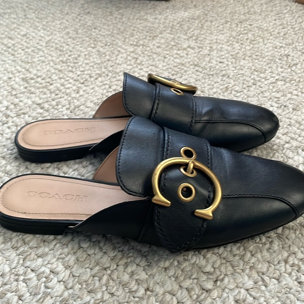 Coach Black Leather Mules with Gold Ring Hardware